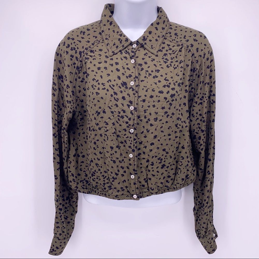 Free People Green and Black Leopard Print Collared Button Down Shirt Size XS